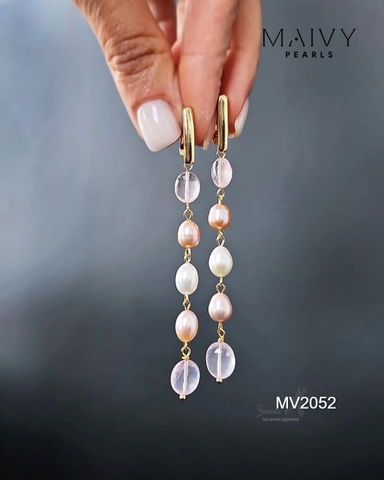MV2052 - Set Lắc Tay Nhiều Sợi / Bông Tai Ngọc Trai Hồng Mix Đá Thạch Anh