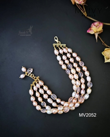 MV2052 - Set Lắc Tay Nhiều Sợi / Bông Tai Ngọc Trai Hồng Mix Đá Thạch Anh