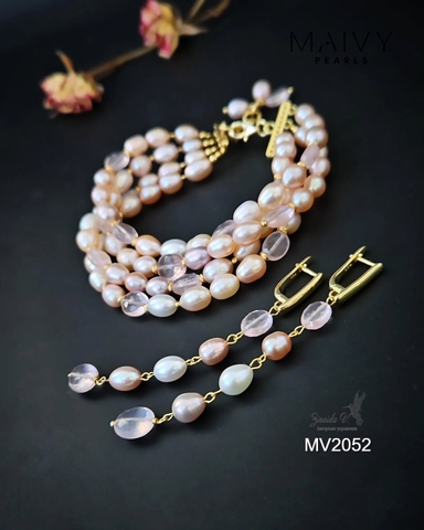 MV2052 - Set Lắc Tay Nhiều Sợi / Bông Tai Ngọc Trai Hồng Mix Đá Thạch Anh
