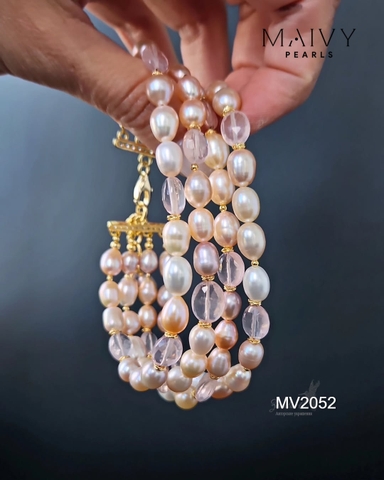 MV2052 - Set Lắc Tay Nhiều Sợi / Bông Tai Ngọc Trai Hồng Mix Đá Thạch Anh