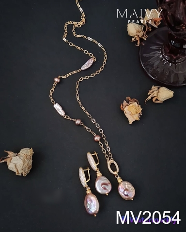 MV2054 -  Set Dây Chuyền / Bông Tai Trai Cúc Áo Hồng Ánh Tím Cách Điệu Trẻ Trung
