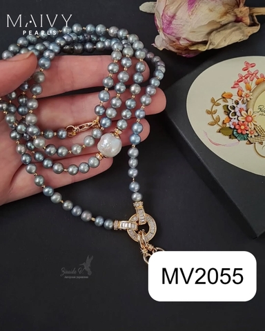 MV2055 - Set 2 Dây Chuyền Ngọc Trai Tròn Dài Và Ngắn Màu Xám.