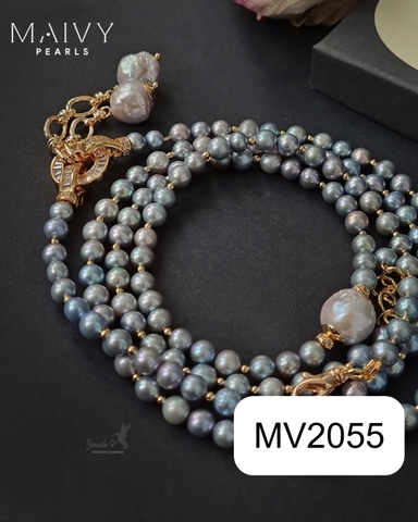 MV2055 - Set 2 Dây Chuyền Ngọc Trai Tròn Dài Và Ngắn Màu Xám.