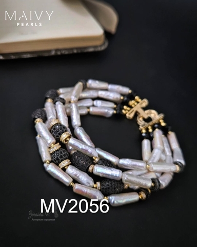 MV2056 - Set Lắc Tay 5 Sợi / Bông Tai Ngọc Trai Baroque Dài Trắng mix Đá Đen