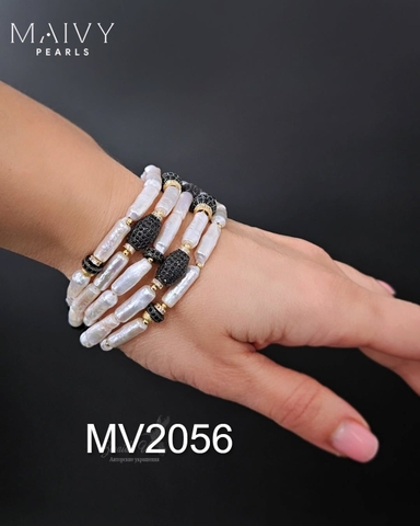 MV2056 - Set Lắc Tay 5 Sợi / Bông Tai Ngọc Trai Baroque Dài Trắng mix Đá Đen