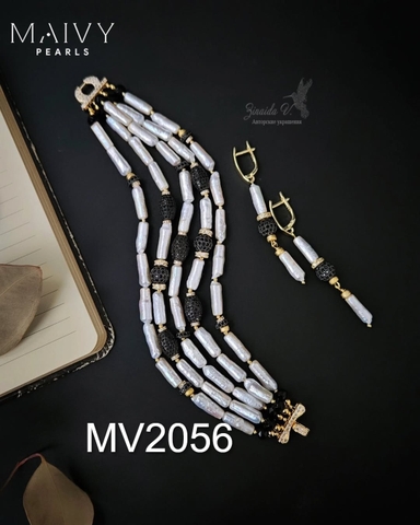 MV2056 - Set Lắc Tay 5 Sợi / Bông Tai Ngọc Trai Baroque Dài Trắng mix Đá Đen