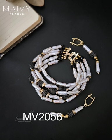 MV2056 - Set Lắc Tay 5 Sợi / Bông Tai Ngọc Trai Baroque Dài Trắng mix Đá Đen