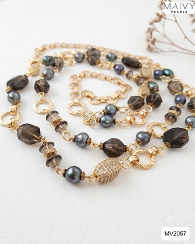 MV2057 | Dây Chuyền Ngọc Trai Lông Công Đôi Phối Đá Spinel Đen - Nổi Bật Đầy Cá Tính