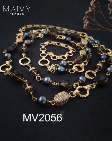 MV2057 - Dây Chuyền 2 Nửa Trai Lông Công Mix Đá Thạch Anh Khói Cách Điệu Kiểu Hiện Đại