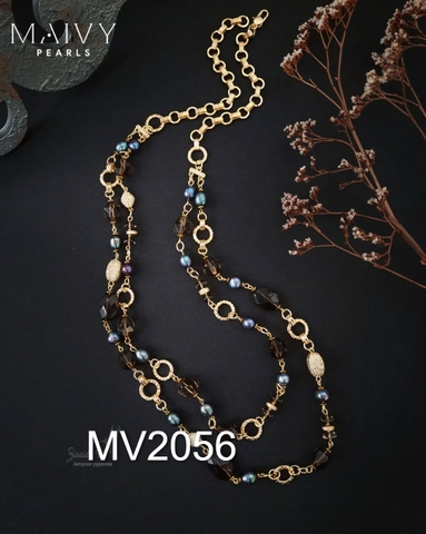 MV2057 - Dây Chuyền 2 Nửa Trai Lông Công Mix Đá Thạch Anh Khói Cách Điệu Kiểu Hiện Đại
