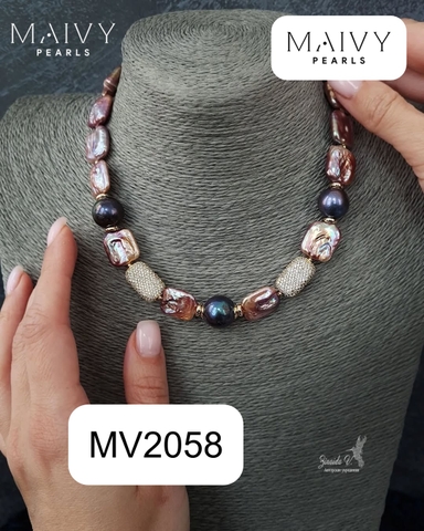 MV2058 - Dây Chuyền Ngọc Trai Baroque Vuông Hồng Ánh Tím Mix Ngọc Trai Tròn Lông Công