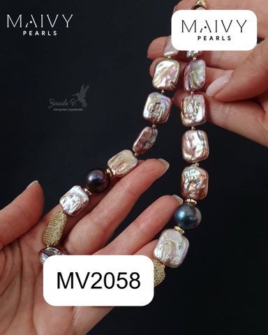 MV2058 - Dây Chuyền Ngọc Trai Baroque Vuông Hồng Ánh Tím Mix Ngọc Trai Tròn Lông Công