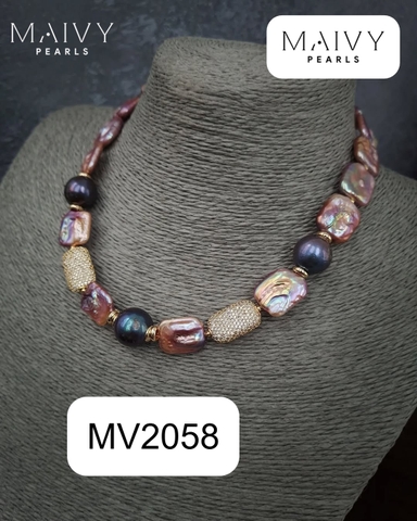 MV2058 - Dây Chuyền Ngọc Trai Baroque Vuông Hồng Ánh Tím Mix Ngọc Trai Tròn Lông Công