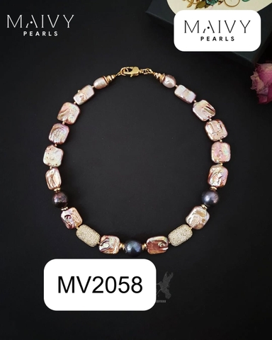 MV2058 - Dây Chuyền Ngọc Trai Baroque Vuông Hồng Ánh Tím Mix Ngọc Trai Tròn Lông Công