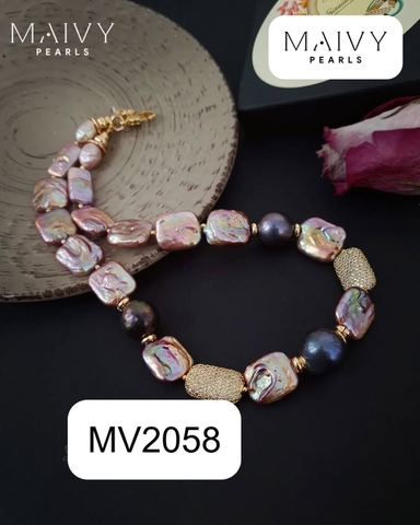 MV2058 - Dây Chuyền Ngọc Trai Baroque Vuông Hồng Ánh Tím Mix Ngọc Trai Tròn Lông Công