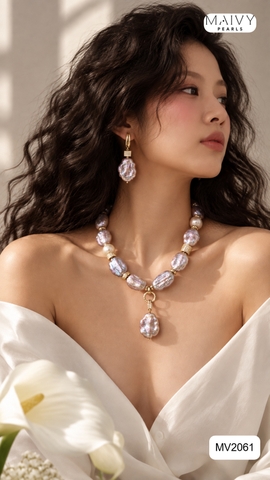 MV2061 - Set Ngọc Trai Baroque Hồng Ánh Tím Kèm Mặt Gồm 3 Sản Phẩm Dây Chuyền/Lắc Tay/Bông Tai