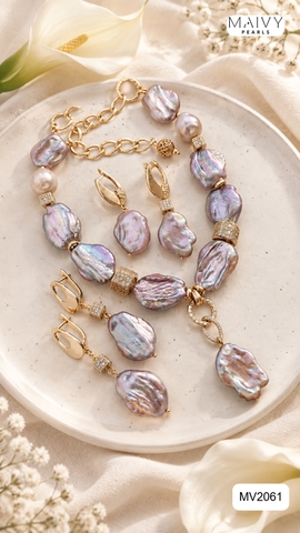 MV2061 - Set Ngọc Trai Baroque Hồng Ánh Tím Kèm Mặt Gồm 3 Sản Phẩm Dây Chuyền/Lắc Tay/Bông Tai