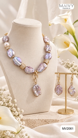 MV2061 - Set Ngọc Trai Baroque Hồng Ánh Tím Kèm Mặt Gồm 3 Sản Phẩm Dây Chuyền/Lắc Tay/Bông Tai