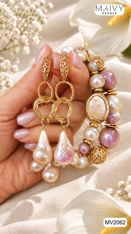 MV2062 - Set Ngọc Trai Baroque Hồng Ánh Tím Gồm Lắc Tay 2 Sợi / Bông Tai