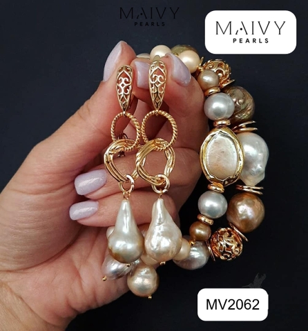MV2062 - Set Ngọc Trai Baroque Hồng Ánh Tím Gồm Lắc Tay 2 Sợi / Bông Tai