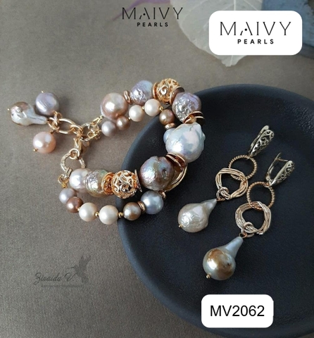 MV2062 - Set Ngọc Trai Baroque Hồng Ánh Tím Gồm Lắc Tay 2 Sợi / Bông Tai