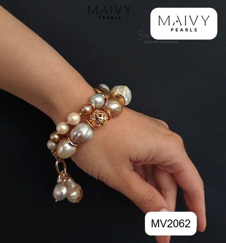 MV2062 - Set Ngọc Trai Baroque Hồng Ánh Tím Gồm Lắc Tay 2 Sợi / Bông Tai