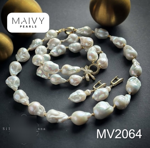 MV2064 - Set Trai Baroque Trắng Charm Nơ Gồm 3 Sản Phẩm Dây Chuyền/ Lắc Tay/Bông Tai 2 Màu Mạ Vàng/Xi Kim