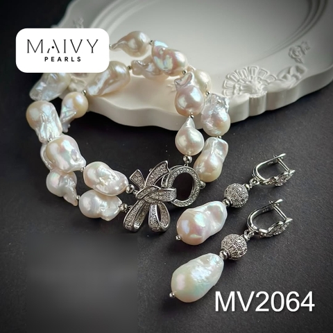 MV2064 - Set Trai Baroque Trắng Charm Nơ Gồm 3 Sản Phẩm Dây Chuyền/ Lắc Tay/Bông Tai 2 Màu Mạ Vàng/Xi Kim