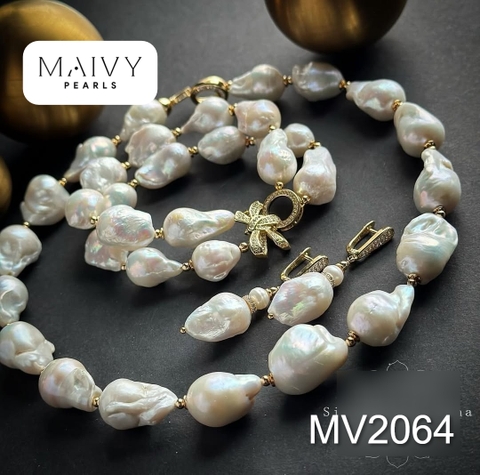 MV2064 - Set Trai Baroque Trắng Charm Nơ Gồm 3 Sản Phẩm Dây Chuyền/ Lắc Tay/Bông Tai 2 Màu Mạ Vàng/Xi Kim