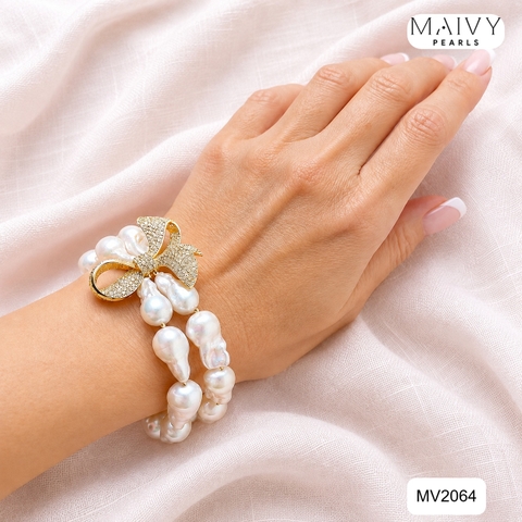 MV2064 | Set Dây Chuyền - Lắc Tay Và Bông Tai Ngọc Trai Baroque Trắng Phối Charm Nơ - Tiểu Thư Dịu Dàng