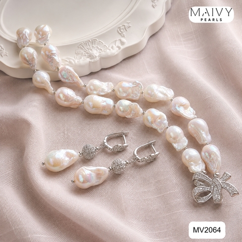 MV2064 | Set Dây Chuyền - Lắc Tay Và Bông Tai Ngọc Trai Baroque Trắng Phối Charm Nơ - Tiểu Thư Dịu Dàng