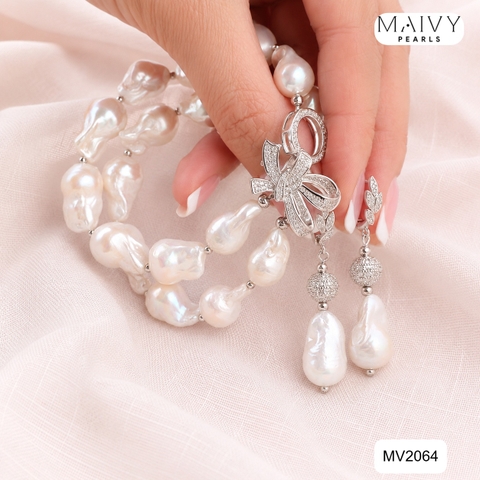 MV2064 | Set Dây Chuyền - Lắc Tay Và Bông Tai Ngọc Trai Baroque Trắng Phối Charm Nơ - Tiểu Thư Dịu Dàng