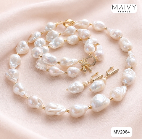 MV2064 | Set Dây Chuyền - Lắc Tay Và Bông Tai Ngọc Trai Baroque Trắng Phối Charm Nơ - Tiểu Thư Dịu Dàng