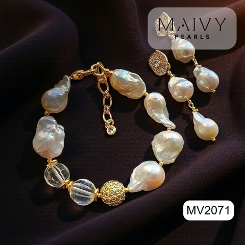 MV2071 - Set Ngọc Trai Baroque Trắng Mix Phale Trắng Gồm Dây Chuyền/Lắc Tay/Bông Tai