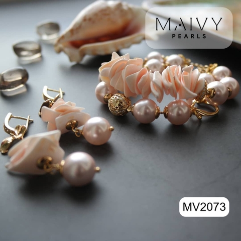MV2073 - Set Ngọc Trai Hồng Ánh Tím Mix Gốm Gồm Lắc Tay/Bông Tai