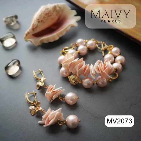 MV2073 - Set Ngọc Trai Hồng Ánh Tím Mix Gốm Gồm Lắc Tay/Bông Tai