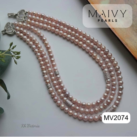 MV2074 - Dây Chuyền Ngọc Trai Hồng Ánh Tím Size 8-9mm 3 Sợi