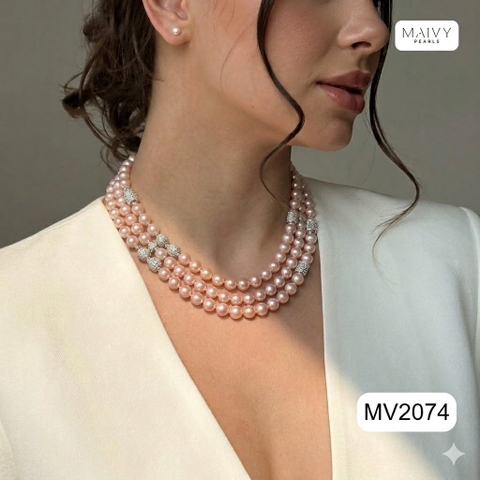 MV2074 - Dây Chuyền Ngọc Trai Hồng Ánh Tím Size 8-9mm 3 Sợi