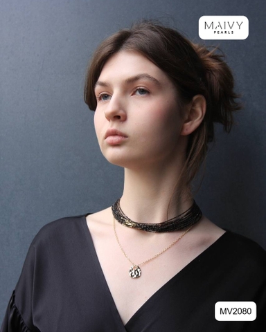 MV2080 - Dây Chuyền 10 Sợi Đá Spinel Đen Mix Bi Bạc 925 Mạ Vàng 18k