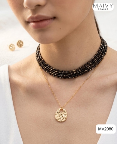 MV2080 - Dây Chuyền 10 Sợi Đá Spinel Đen Mix Bi Bạc 925 Mạ Vàng 18k