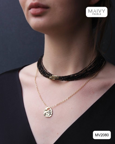 MV2080 - Dây Chuyền 10 Sợi Đá Spinel Đen Mix Bi Bạc 925 Mạ Vàng 18k