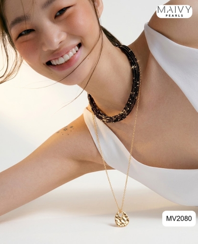 MV2080 - Dây Chuyền 10 Sợi Đá Spinel Đen Mix Bi Bạc 925 Mạ Vàng 18k