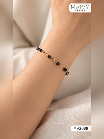 Bộ trang sức spinel đen nhí xích vàng: dây chữ Y, choker 2 tầng, lắc tay, hoa tai MV2089