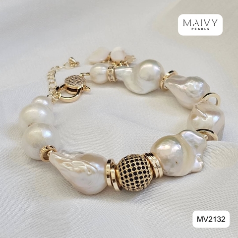 MV2132 - Lắc Tay Ngọc Trai Trắng Baroque Nhấn Charm Bạc 925 Mạ Vàng 18k