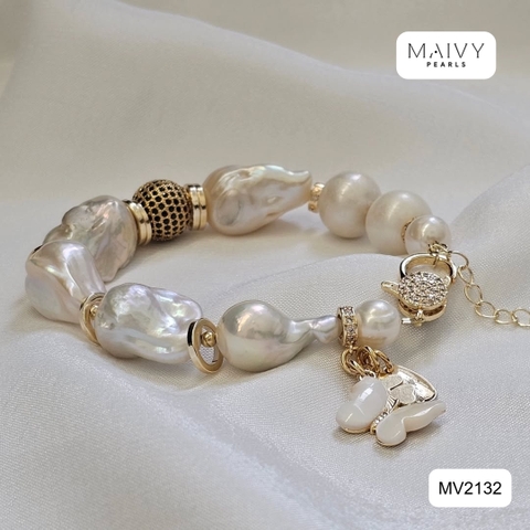MV2132 - Lắc Tay Ngọc Trai Trắng Baroque Nhấn Charm Bạc 925 Mạ Vàng 18k