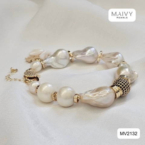 MV2132 - Lắc Tay Ngọc Trai Trắng Baroque Nhấn Charm Bạc 925 Mạ Vàng 18k