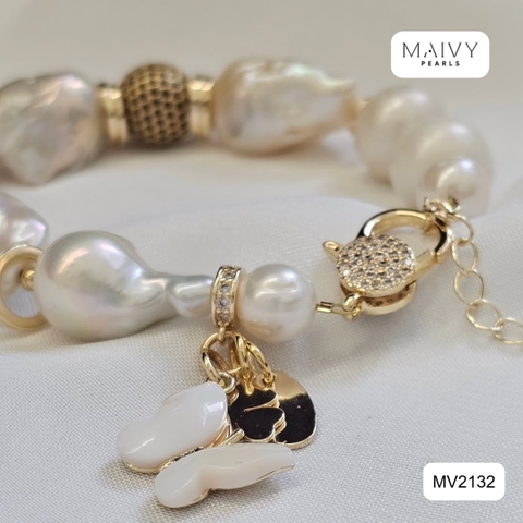 MV2132 - Lắc Tay Ngọc Trai Trắng Baroque Nhấn Charm Bạc 925 Mạ Vàng 18k
