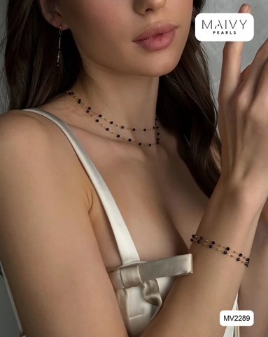 MV2189 - Set Đá Spinel Đen Size Nhí Cách Điệu Kiểu Hiện Đại Gồm Dây Chuyền/Lắc Tay/Bông Tai