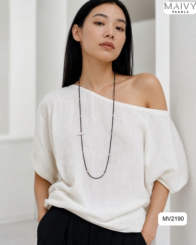 MV2190 - Dây Chuyền Đá Spinel Đen Size Nhí Dài 100cm Nhấn Trai Trắng