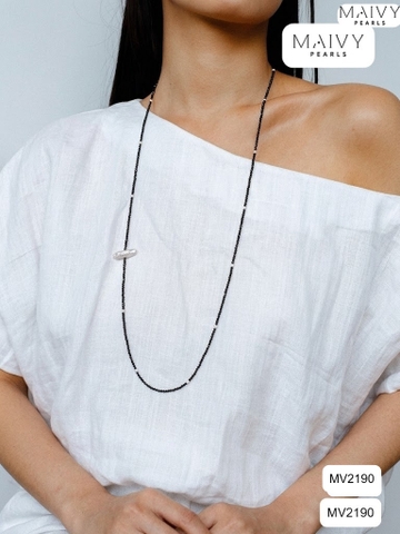 MV2190 - Dây Chuyền Đá Spinel Đen Size Nhí Dài 100cm Nhấn Trai Trắng